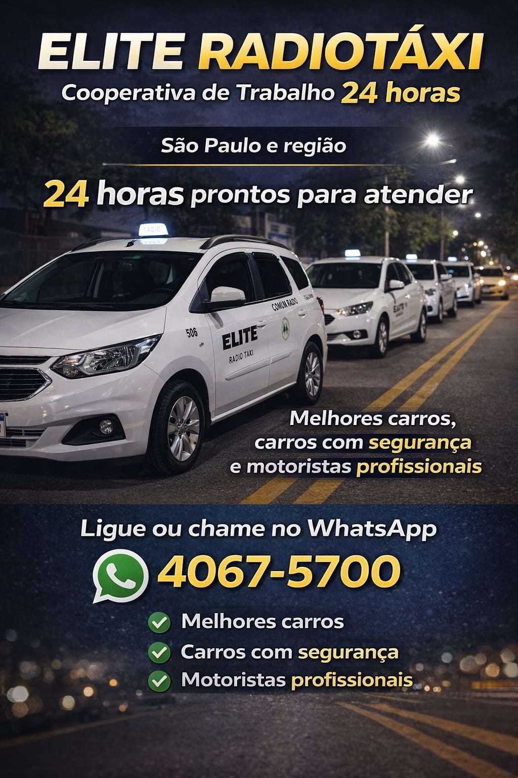 Frota Elite Radiotáxi: atendimento 24 horas em São Paulo e região, com carros seguros e motoristas profissionais